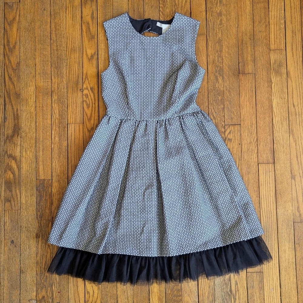 Anthropologie Troubadour The Cap Cana Tulle Hem Dress Black White Geometric Prin